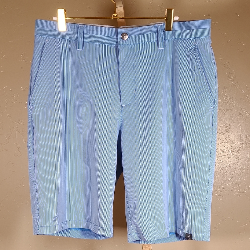 adidas Sky Blue Striped Flat Front Shorts Size 34